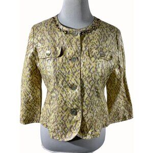 Ruby Rd Petite Tan Animal Print Quarter Sleeve Embellished Linen Blend Top 10P